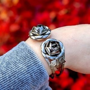 Vintage Solid Silver Rose Cuff Bracelet with Hinge and Engraved Leaves
